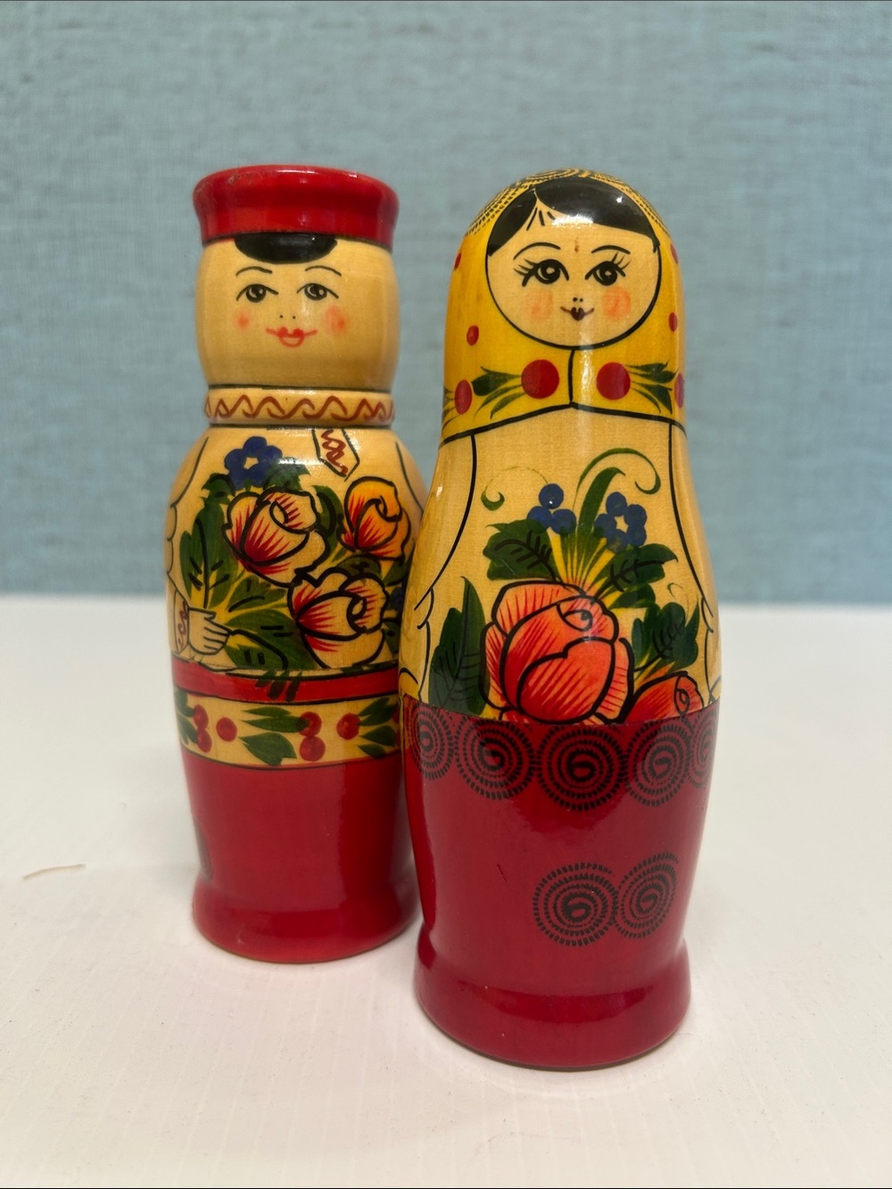 Vintage Matryoshka Doll Hand Painted Wooden Salt & Pepper Shakers